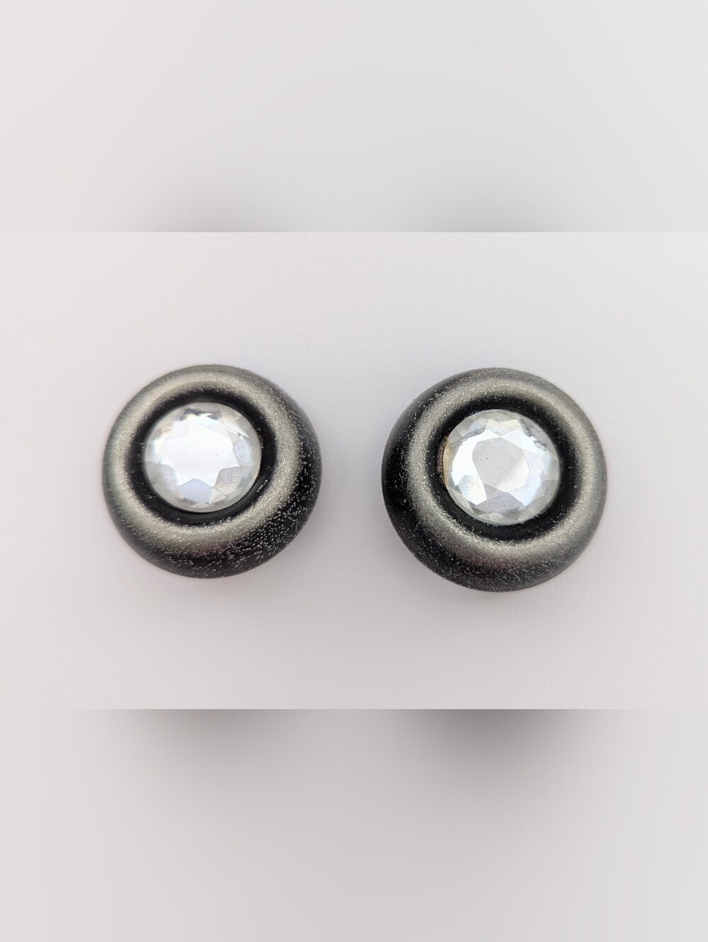 Unisex Black & Gun Metal Grey Clip-On Earrings w/Clear Reflective Crystal Center